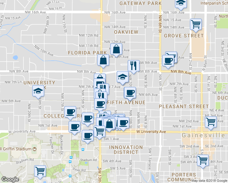 map of restaurants, bars, coffee shops, grocery stores, and more near 1212 Northwest 6th Place in Gainesville