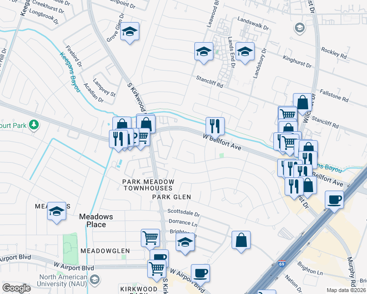 map of restaurants, bars, coffee shops, grocery stores, and more near 11510 Ainsworth Drive in Houston