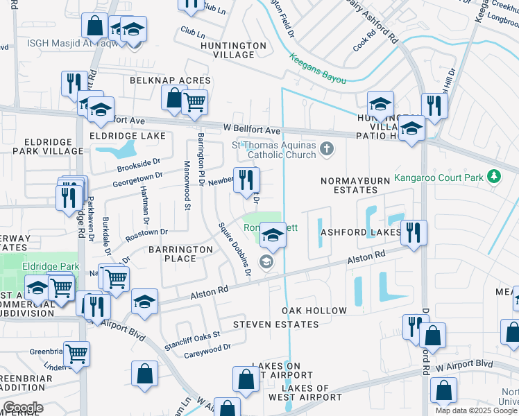 map of restaurants, bars, coffee shops, grocery stores, and more near 12726 Nantucket Drive in Sugar Land