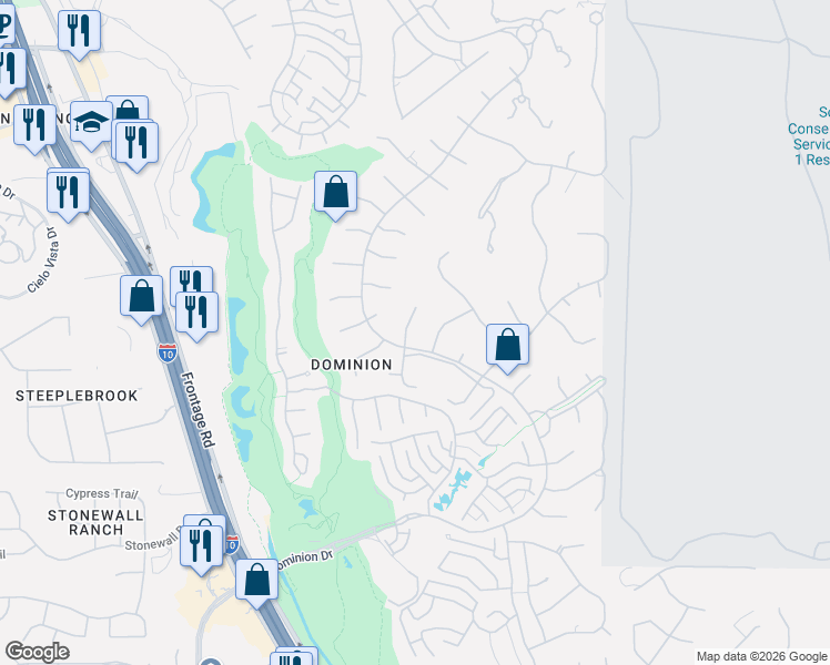 map of restaurants, bars, coffee shops, grocery stores, and more near 9 Morning Downs in San Antonio
