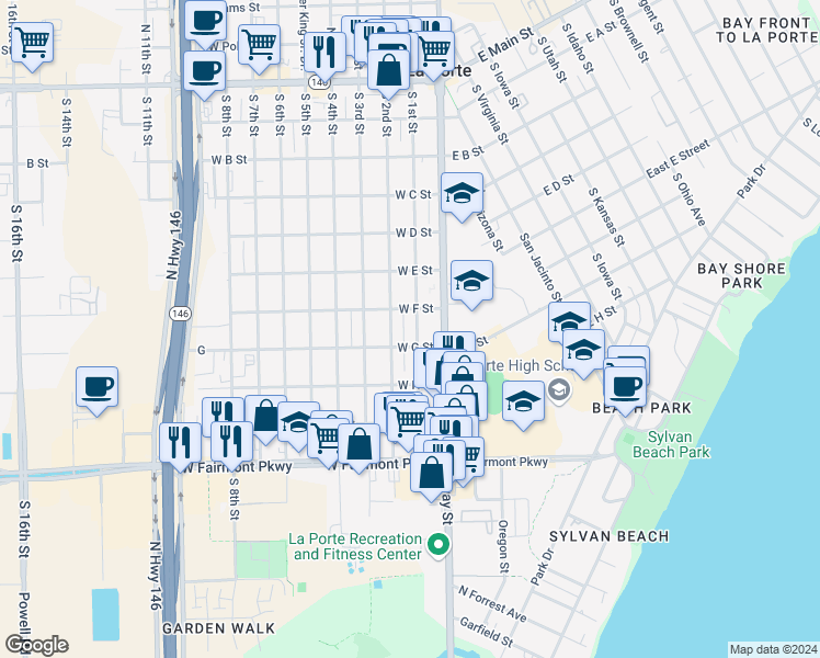 map of restaurants, bars, coffee shops, grocery stores, and more near 206 West G Street in La Porte