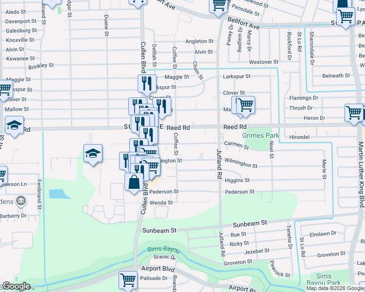 map of restaurants, bars, coffee shops, grocery stores, and more near 4817 Wilmington Street in Houston