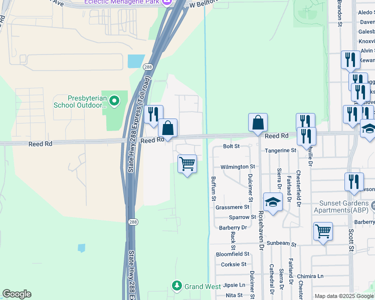 map of restaurants, bars, coffee shops, grocery stores, and more near 2910 Reed Road in Houston
