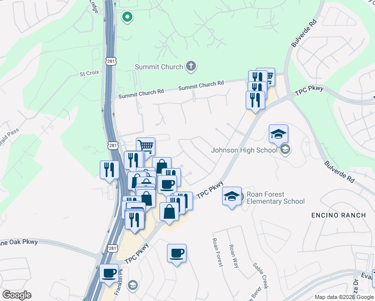 map of restaurants, bars, coffee shops, grocery stores, and more near 2835 Elm Tree Park in San Antonio