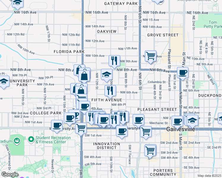 map of restaurants, bars, coffee shops, grocery stores, and more near 606 Northwest 10th Street in Gainesville
