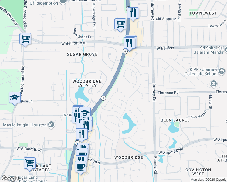 map of restaurants, bars, coffee shops, grocery stores, and more near 14946 Cabin Run Lane in Sugar Land