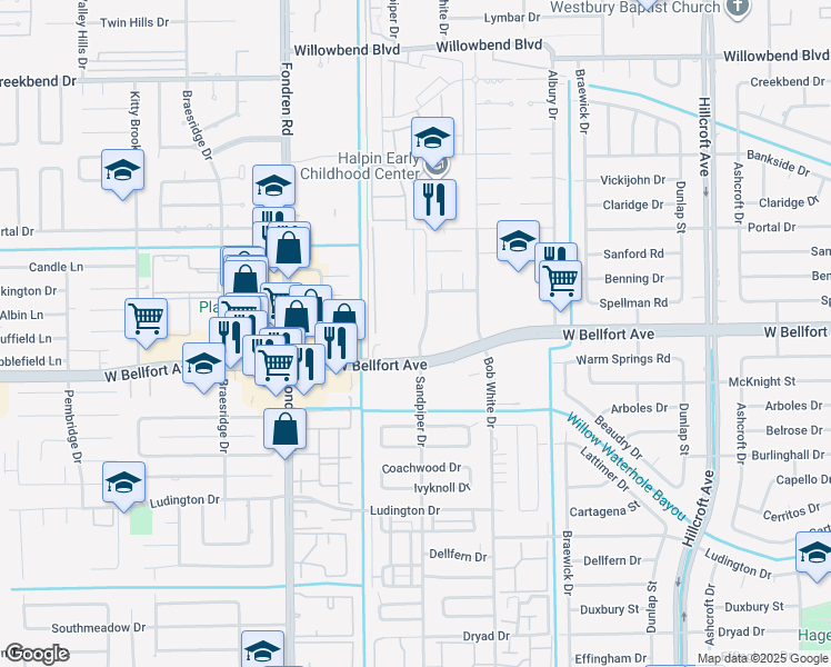 map of restaurants, bars, coffee shops, grocery stores, and more near 6400 West Bellfort Avenue in Houston