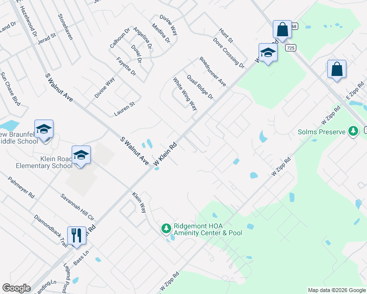 map of restaurants, bars, coffee shops, grocery stores, and more near 433 West Klein Road in New Braunfels