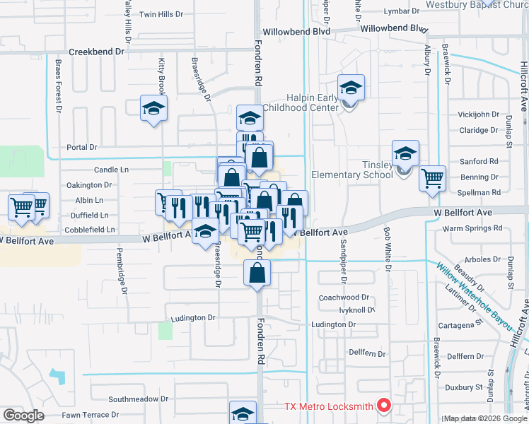 map of restaurants, bars, coffee shops, grocery stores, and more near 11251 Fondren Rd in Houston