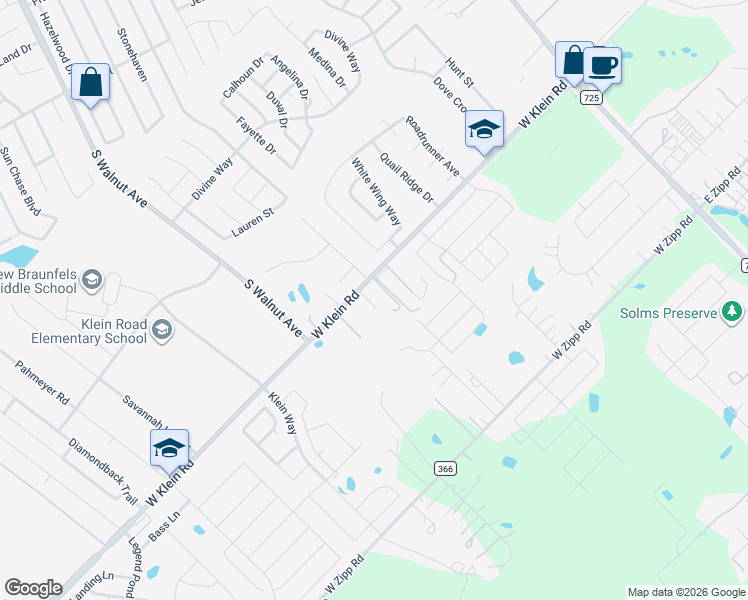 map of restaurants, bars, coffee shops, grocery stores, and more near 433 West Klein Road in New Braunfels