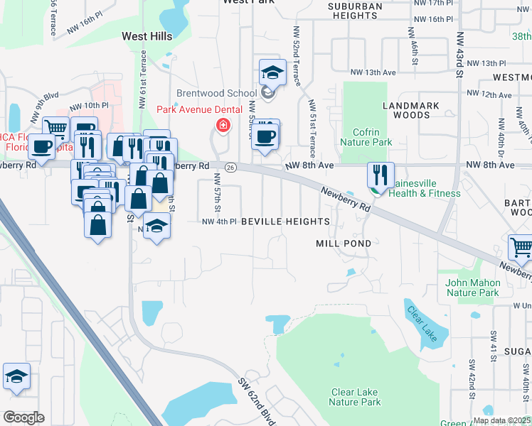 map of restaurants, bars, coffee shops, grocery stores, and more near 511 Northwest 54th Terrace in Gainesville