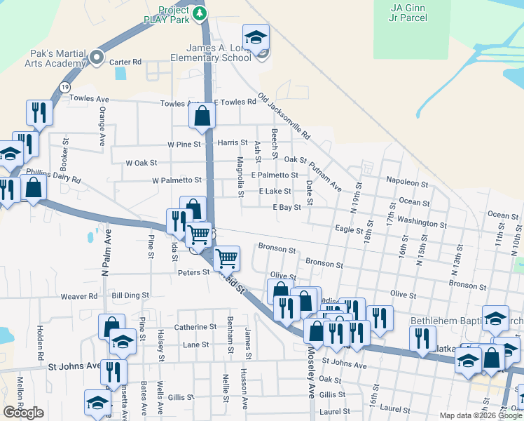 map of restaurants, bars, coffee shops, grocery stores, and more near 1011 Beech Street in Palatka