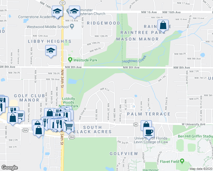 map of restaurants, bars, coffee shops, grocery stores, and more near 2844 Northwest 4 Lane in Gainesville