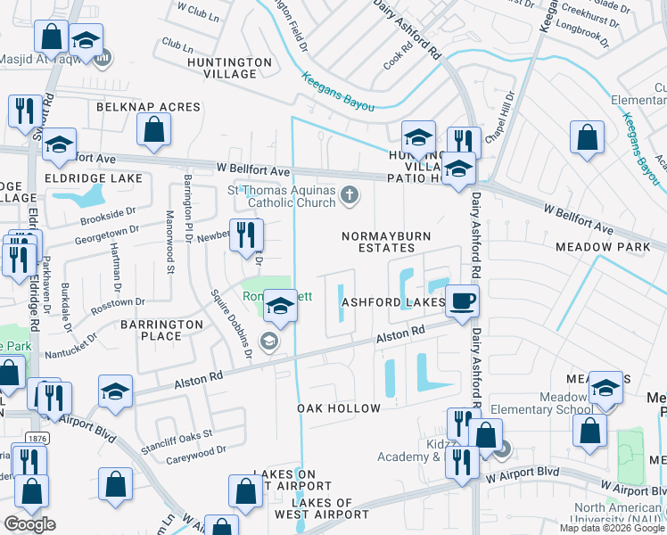 map of restaurants, bars, coffee shops, grocery stores, and more near 11218 Siamese Lane in Sugar Land
