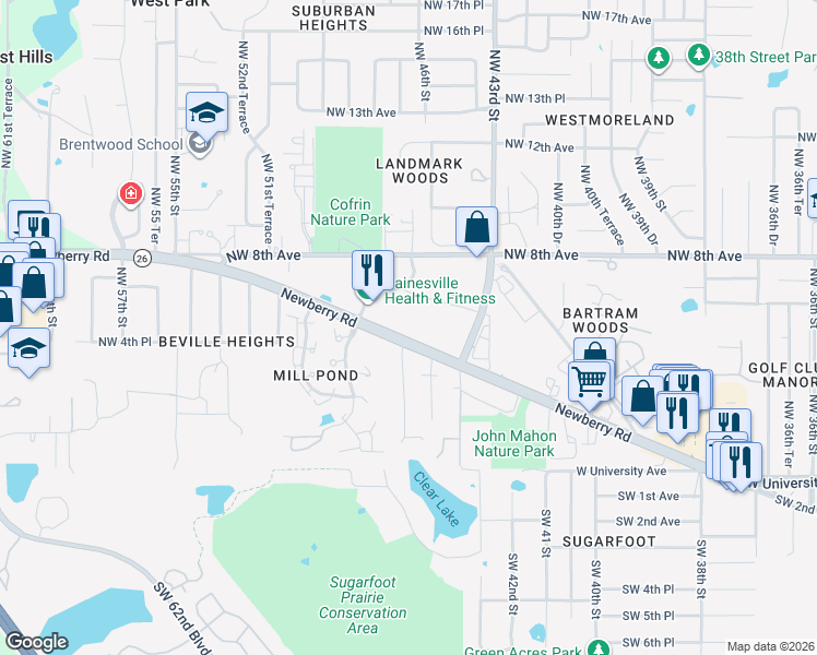 map of restaurants, bars, coffee shops, grocery stores, and more near 4500 Florida 26 in Gainesville