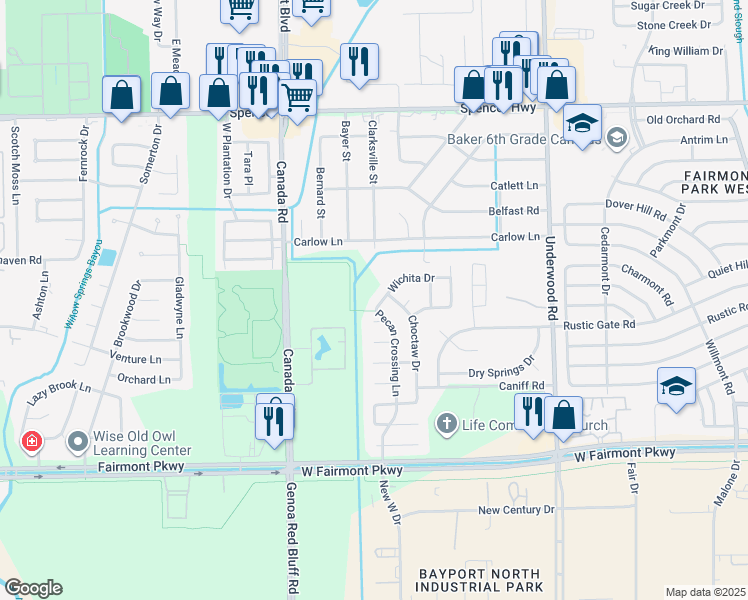map of restaurants, bars, coffee shops, grocery stores, and more near 9210 Wichita Drive in La Porte