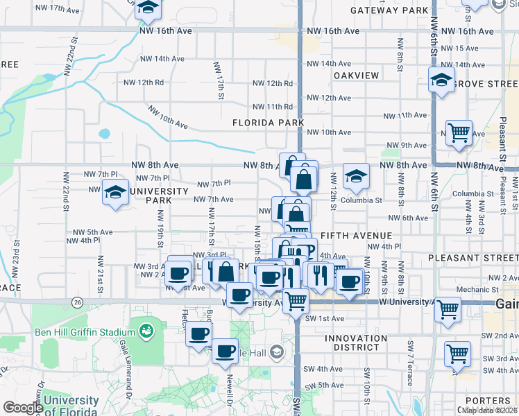 map of restaurants, bars, coffee shops, grocery stores, and more near 1408 Northwest 6th Avenue in Gainesville