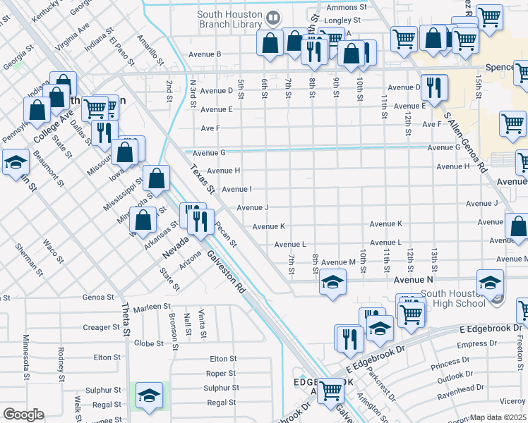 map of restaurants, bars, coffee shops, grocery stores, and more near 601 Avenue K in South Houston