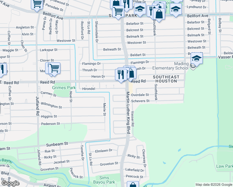 map of restaurants, bars, coffee shops, grocery stores, and more near 5607 Schevers Street in Houston