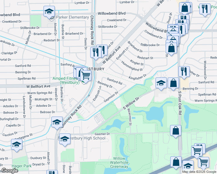 map of restaurants, bars, coffee shops, grocery stores, and more near 5223 Spellman Road in Houston