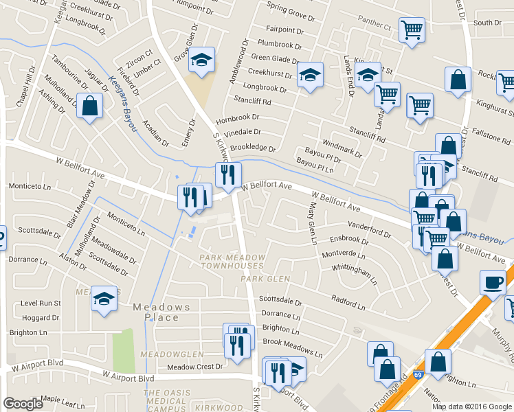 map of restaurants, bars, coffee shops, grocery stores, and more near 11530 Dunfield Lane in Houston