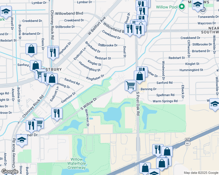 map of restaurants, bars, coffee shops, grocery stores, and more near 5151 South Willow Drive in Houston