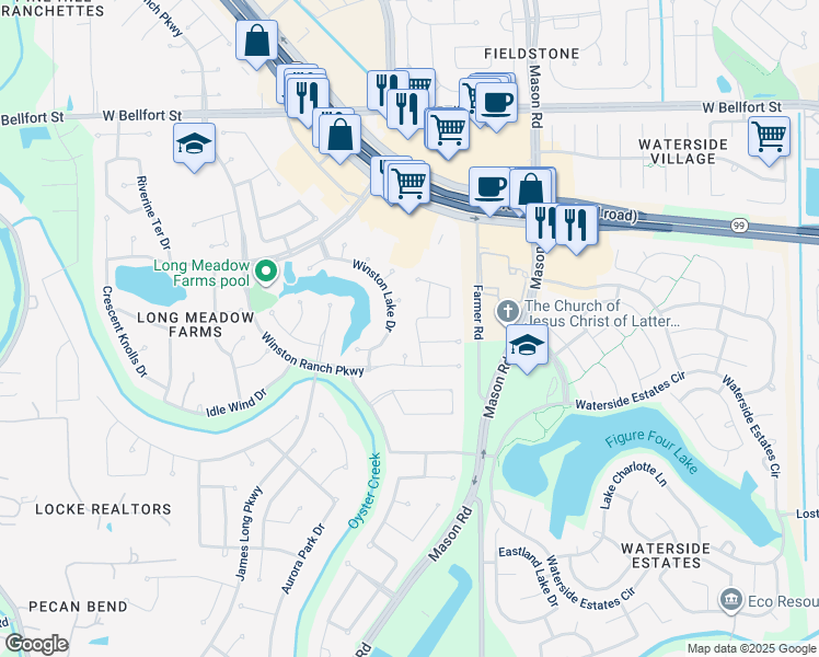 map of restaurants, bars, coffee shops, grocery stores, and more near 20626 Winston Lake Drive in Richmond
