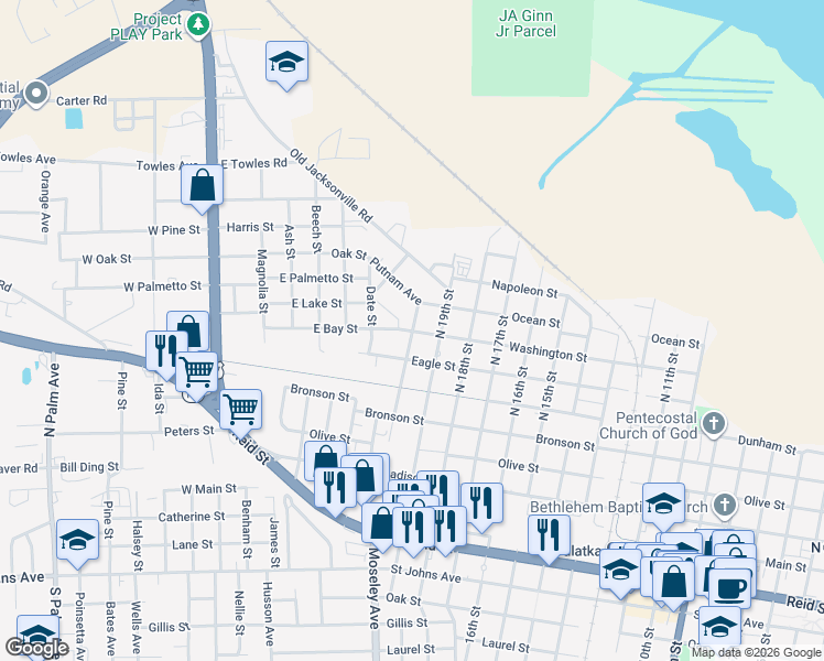 map of restaurants, bars, coffee shops, grocery stores, and more near 1904 Eagle Street in Palatka