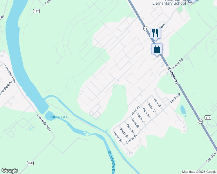 map of restaurants, bars, coffee shops, grocery stores, and more near 400 Elley Lane in New Braunfels