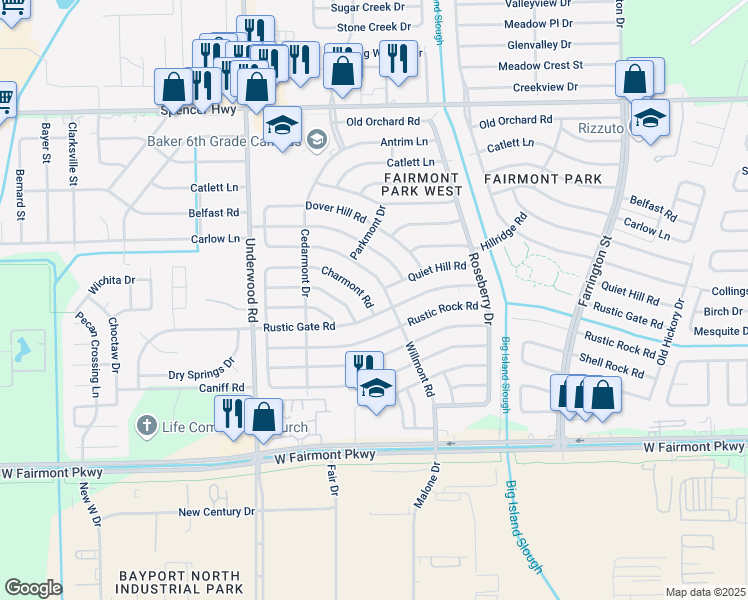 map of restaurants, bars, coffee shops, grocery stores, and more near 10115 Barmont Drive in La Porte