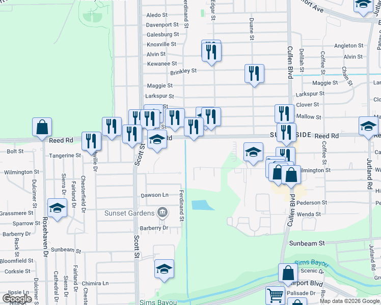 map of restaurants, bars, coffee shops, grocery stores, and more near 4314 Reed Road in Houston