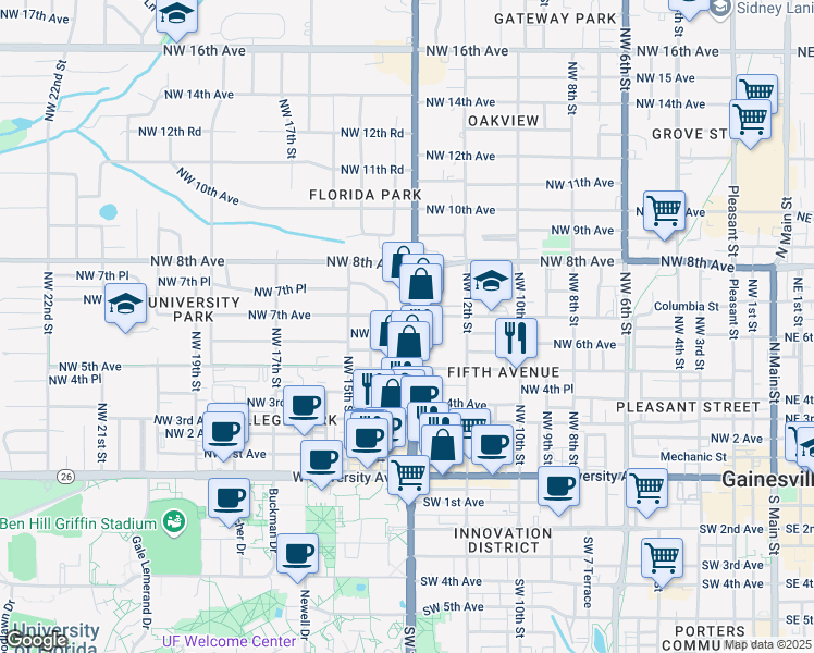 map of restaurants, bars, coffee shops, grocery stores, and more near in Gainesville