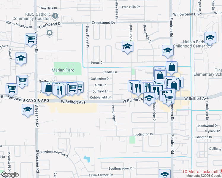 map of restaurants, bars, coffee shops, grocery stores, and more near 7903 Duffield Lane in Houston