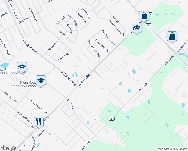 map of restaurants, bars, coffee shops, grocery stores, and more near 433 West Klein Road in New Braunfels