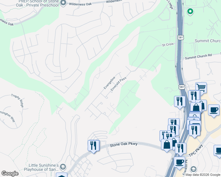 map of restaurants, bars, coffee shops, grocery stores, and more near 23103 Emerald Pass in San Antonio