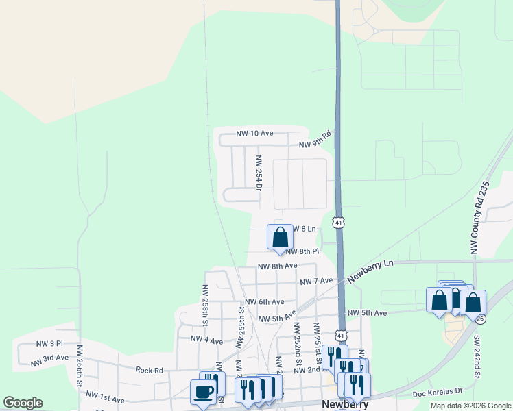 map of restaurants, bars, coffee shops, grocery stores, and more near 132 Northwest 8 Lane in Newberry