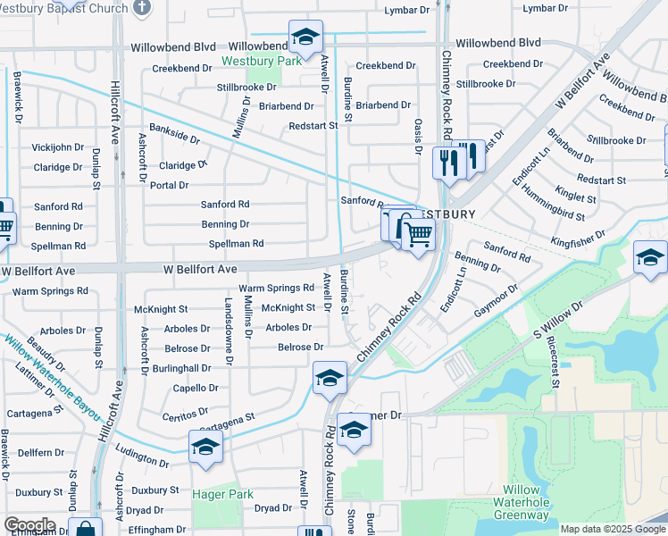 map of restaurants, bars, coffee shops, grocery stores, and more near 5506 Warm Springs Road in Houston