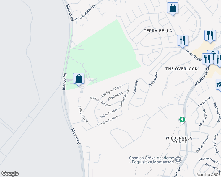 map of restaurants, bars, coffee shops, grocery stores, and more near 23103 Airedale Lane in San Antonio