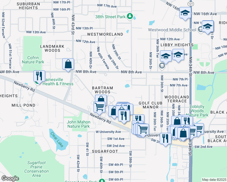 map of restaurants, bars, coffee shops, grocery stores, and more near 507 Northwest 39th Road in Gainesville