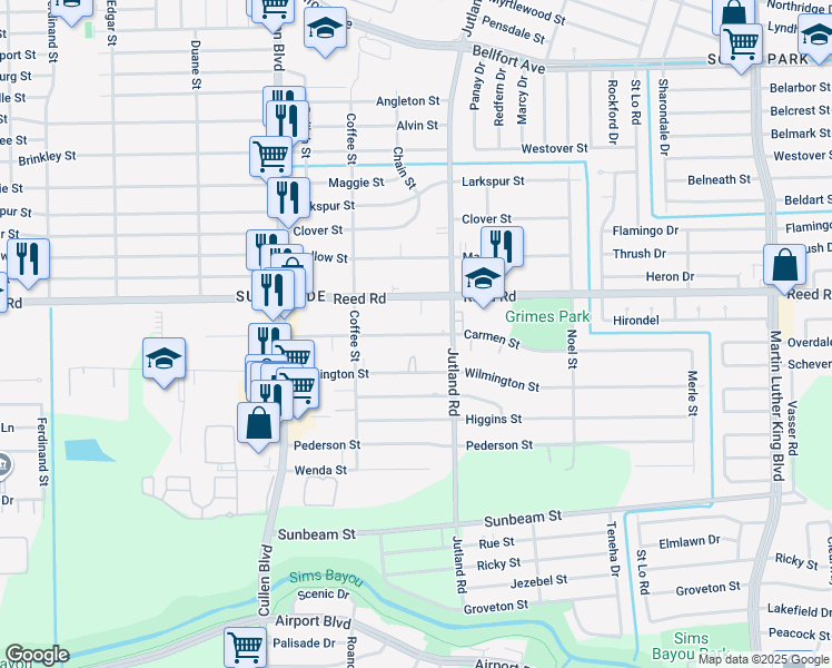map of restaurants, bars, coffee shops, grocery stores, and more near 4839 Wilmington Street in Houston