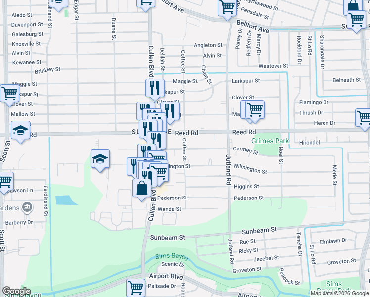 map of restaurants, bars, coffee shops, grocery stores, and more near 4817 Wilmington Street in Houston