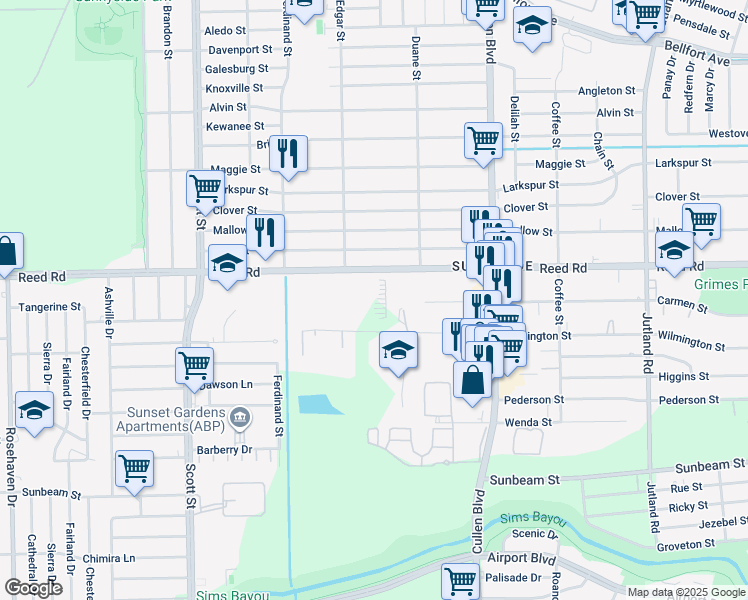map of restaurants, bars, coffee shops, grocery stores, and more near 4410 Reed Road in Houston