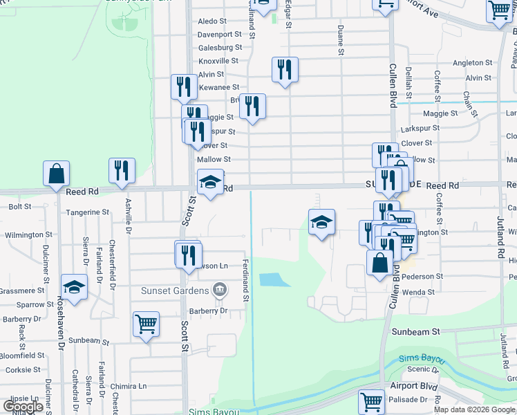 map of restaurants, bars, coffee shops, grocery stores, and more near 4314 Reed Road in Houston