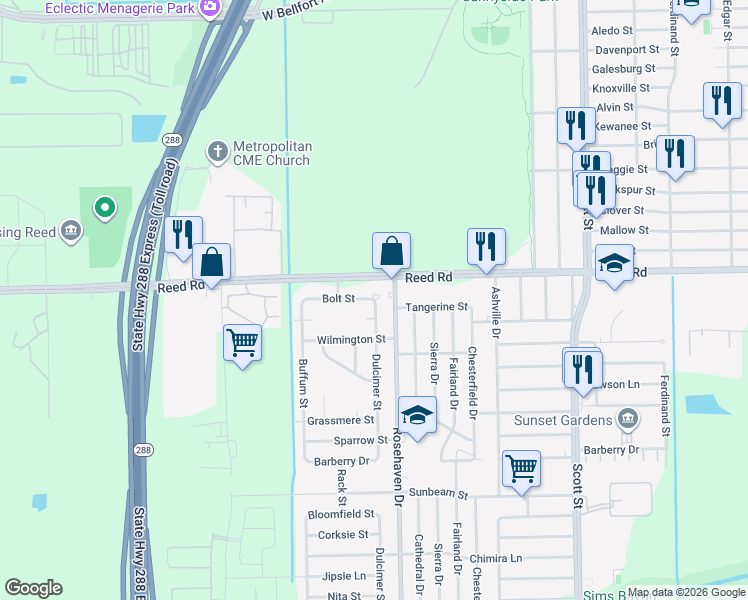 map of restaurants, bars, coffee shops, grocery stores, and more near 3122 Tangerine Street in Houston