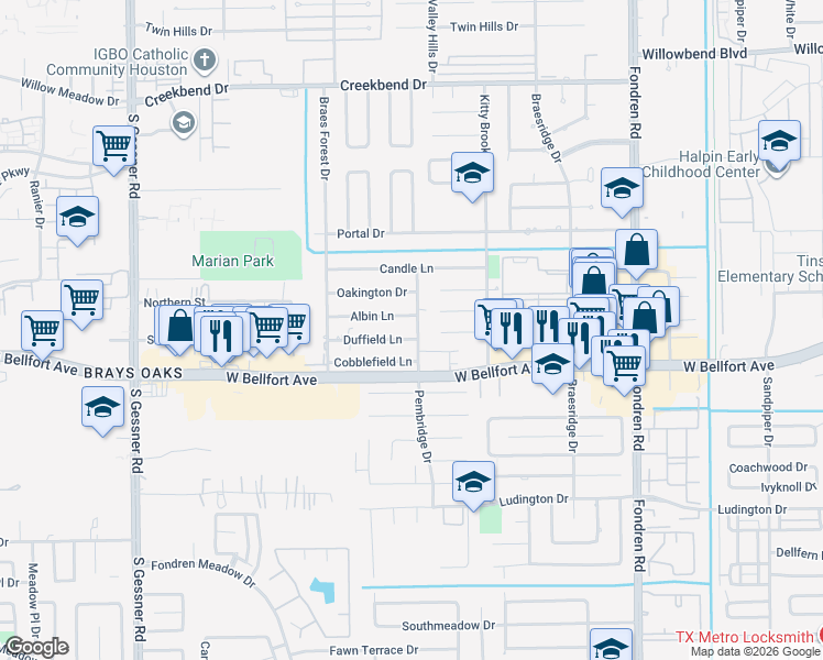 map of restaurants, bars, coffee shops, grocery stores, and more near 7903 Duffield Lane in Houston