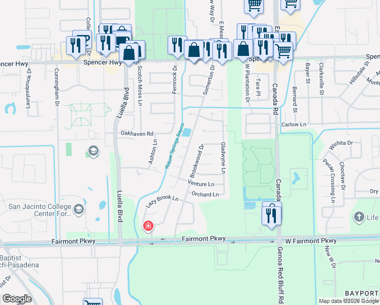 map of restaurants, bars, coffee shops, grocery stores, and more near 8614 South Shady Lane in La Porte