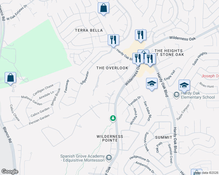 map of restaurants, bars, coffee shops, grocery stores, and more near 23015 Mangrove Drive in San Antonio