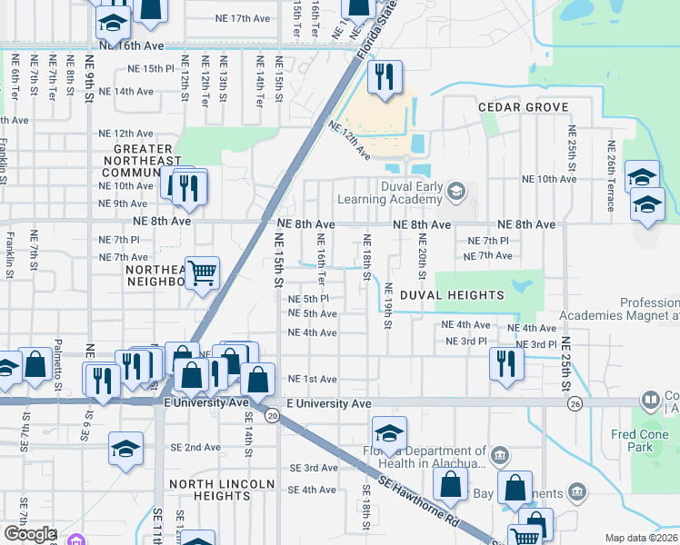 map of restaurants, bars, coffee shops, grocery stores, and more near 1611 Northeast 6th Avenue in Gainesville