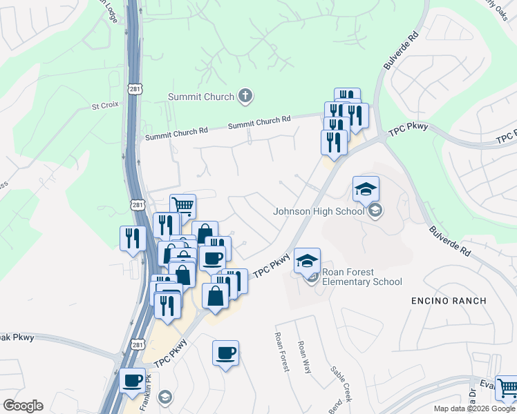 map of restaurants, bars, coffee shops, grocery stores, and more near 2911 Winter Gorge in San Antonio