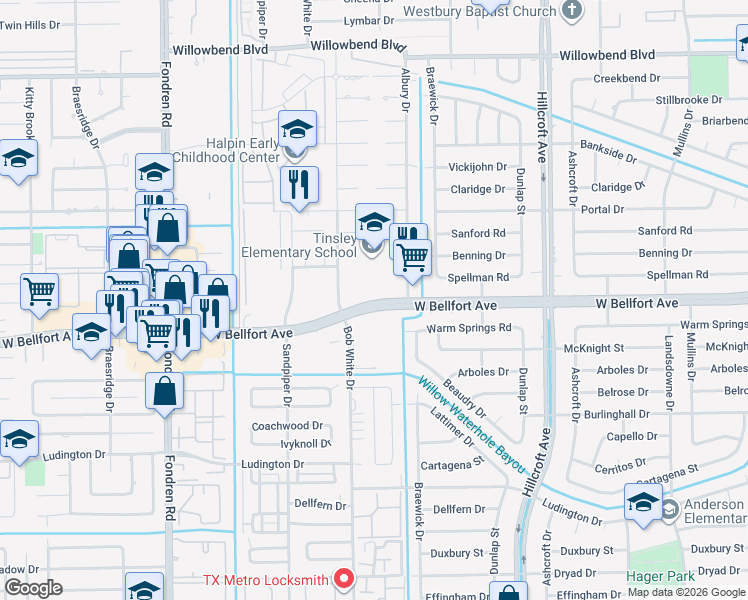 map of restaurants, bars, coffee shops, grocery stores, and more near 6200 West Bellfort Boulevard in Houston